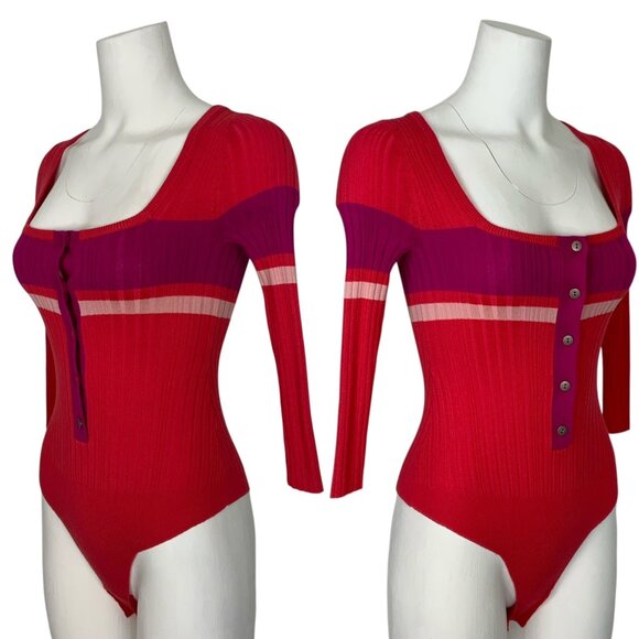 Free People Intimately Cocoa Bodysuit S Red Combo Striped Ribbed Knit Henley - Picture 3 of 14